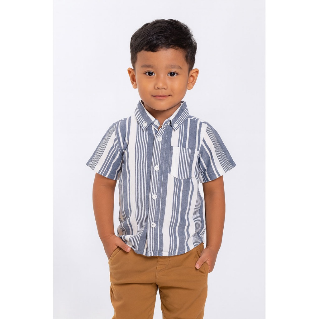 KIDTINK - Fauzi Shirt Kemeja Anak Laki Laki Lengan Pendek Motif Salur - Kemeja Fashion Anak Laki