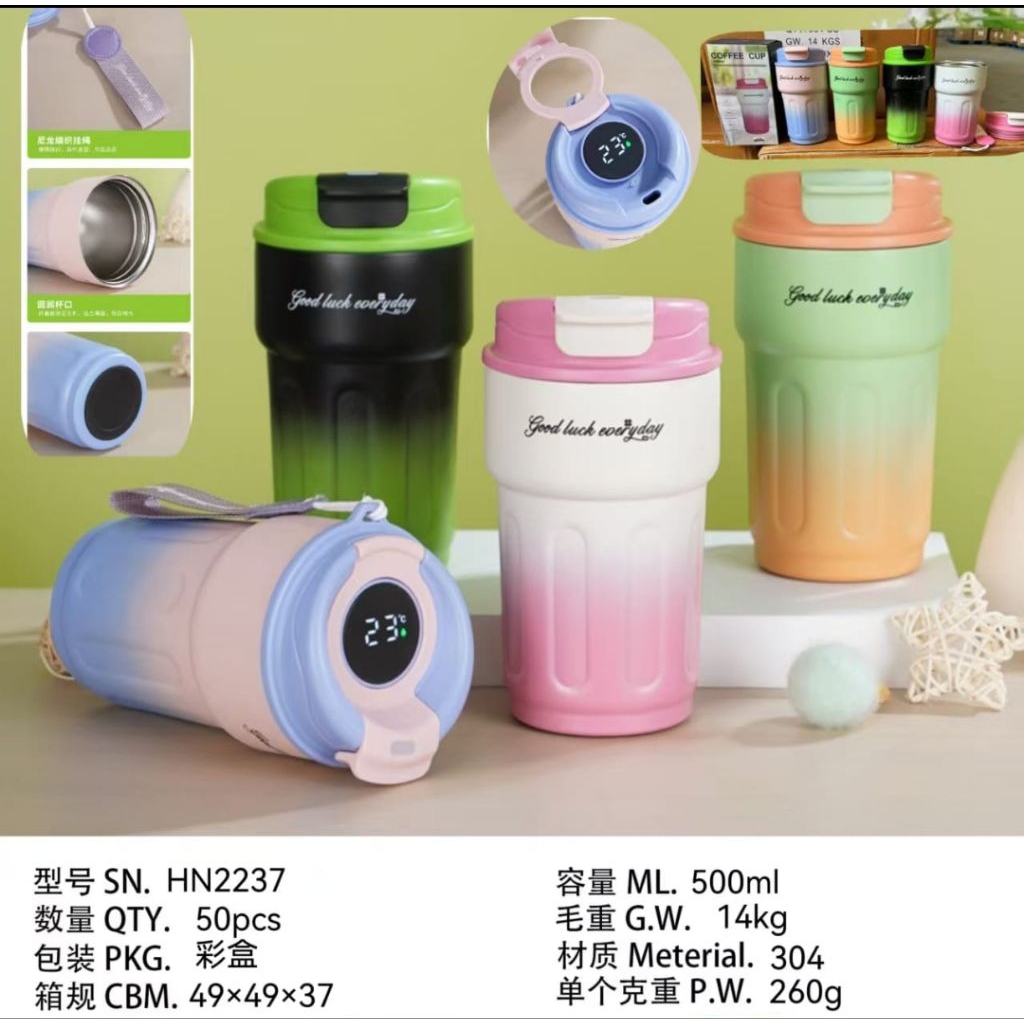 Mug Tumbler Stainless Steel 2237 - 500ml Mug Gradasi Good Luck everyday Tahan Panas Dan Dingin