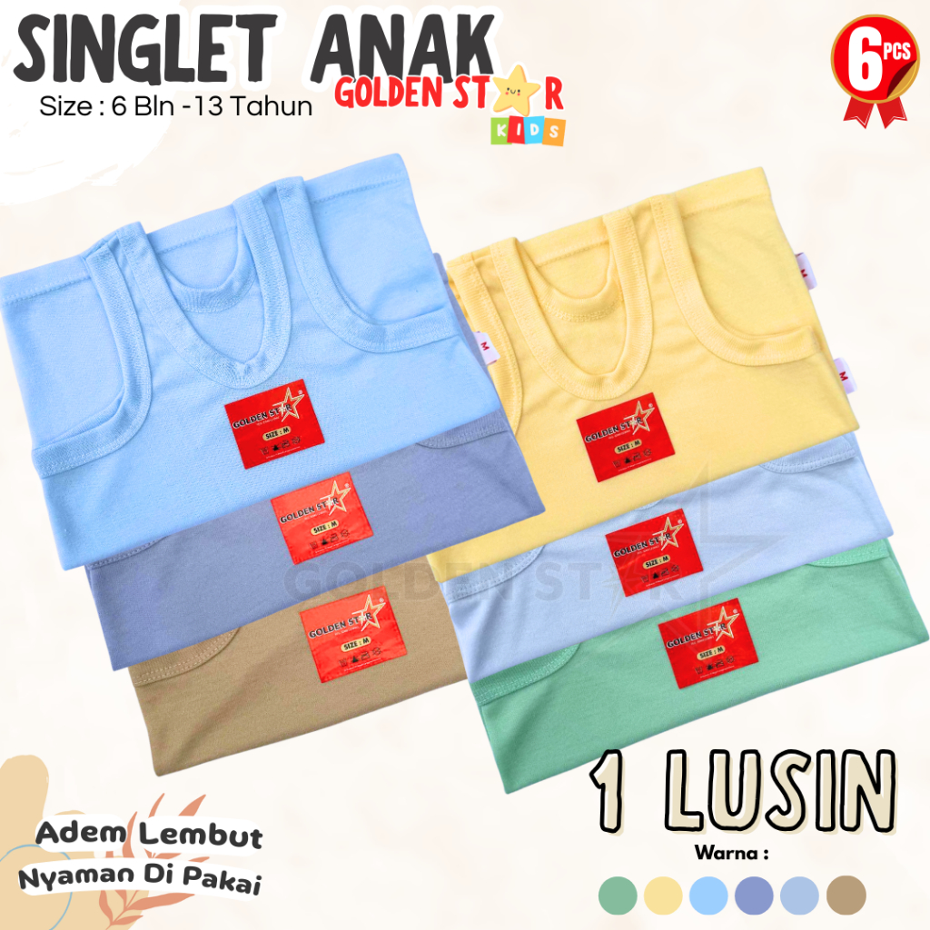 1 Lusin  Singlet Kaos Dalam Anak umur 0 - Anak ABG Golden Star Putih - Singlet Kaos dalam SD SMP SMA