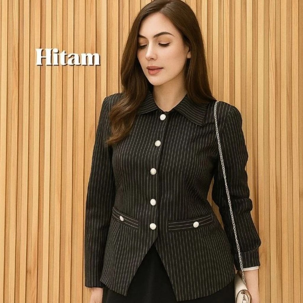 Luna Blazer Garis-Garis Semiwoll Wanita Casual