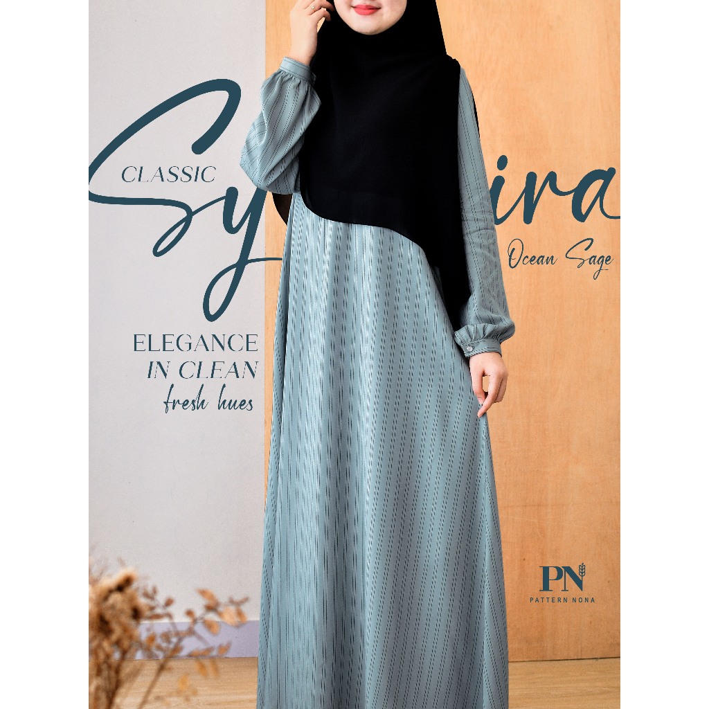 Pattern Nona Dress Syahira Ocean Sage Twill Viscose Gamis Adem Lembut