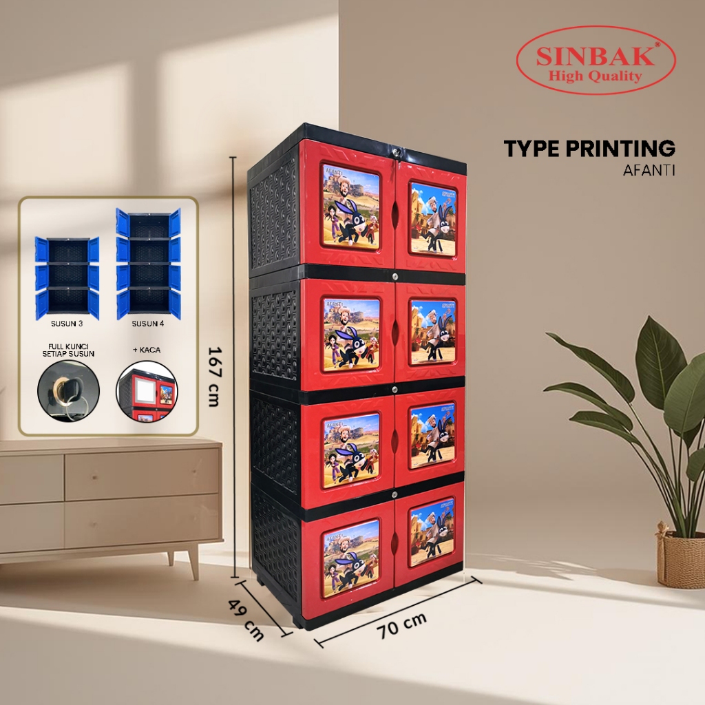 SINBAK Lemari Plastik Type Printing 3 dan 4 Susun, Full kunci + Kaca
