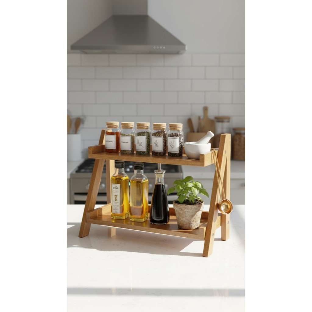 Rak Dapur Tempat Bumbu 2 Tingkat Rak Kayu Pajangan Dapur Estetik Rak Penyimpanan Meja Dapur Serbagun