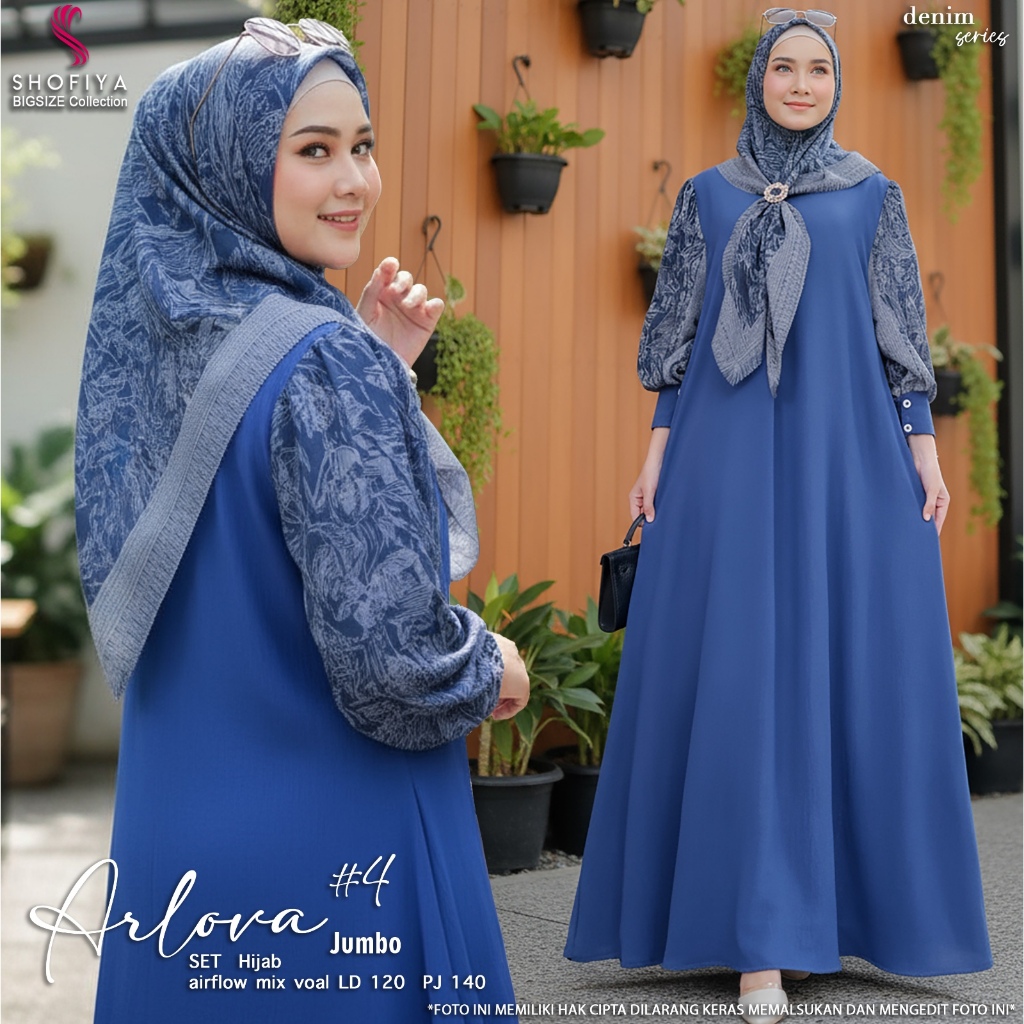 Arlova Dress Jumbo Ld 120 Set Gamis+Hijab Original Shofiya Dress Airflow | Hijab Voal Set 2in1 Gamis