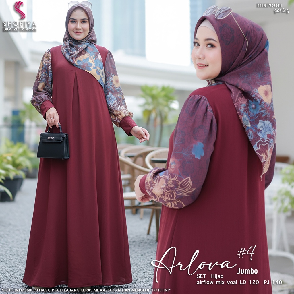 Arlova Dress Jumbo Ld 120 Set Gamis+Hijab Original Shofiya Dress Airflow | Hijab Voal Set 2in1 Gamis