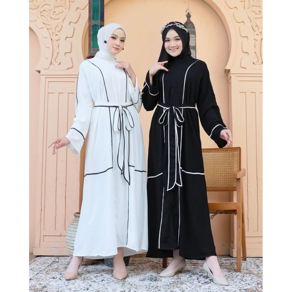 Abaya Muza RANIA Abaya Kombinasi List Free Belt Abaya Hitam Putih Gamis Syari Muslimah