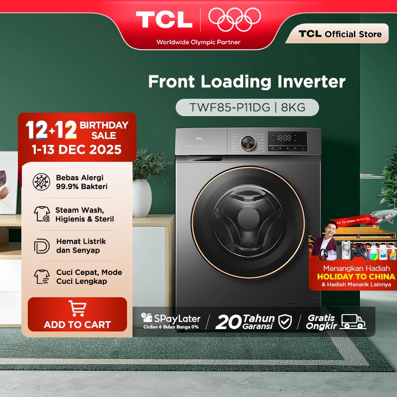 TCL Mesin Cuci Front Loading Inverter P11 8 KG - EBS Steam Wash - Quick Wash 15' - Smart DD Inverter