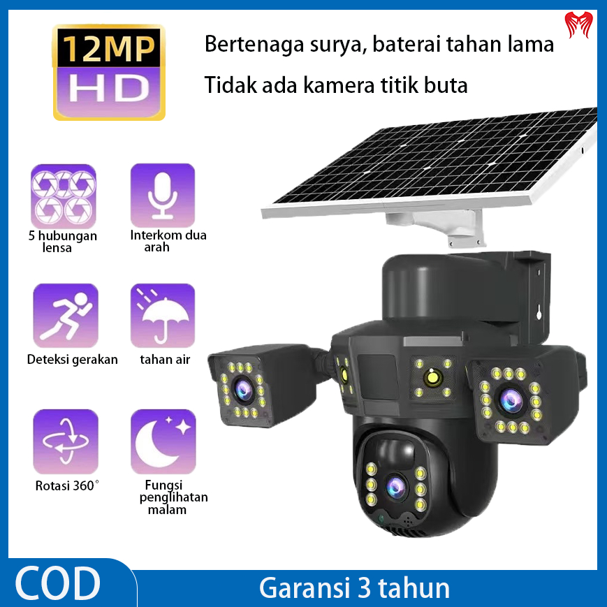 [Garansi 3 tahun] Kamera surya 5 mata, masa pakai baterai lama, gambar HD 1080P, 360° tanpa titik bu