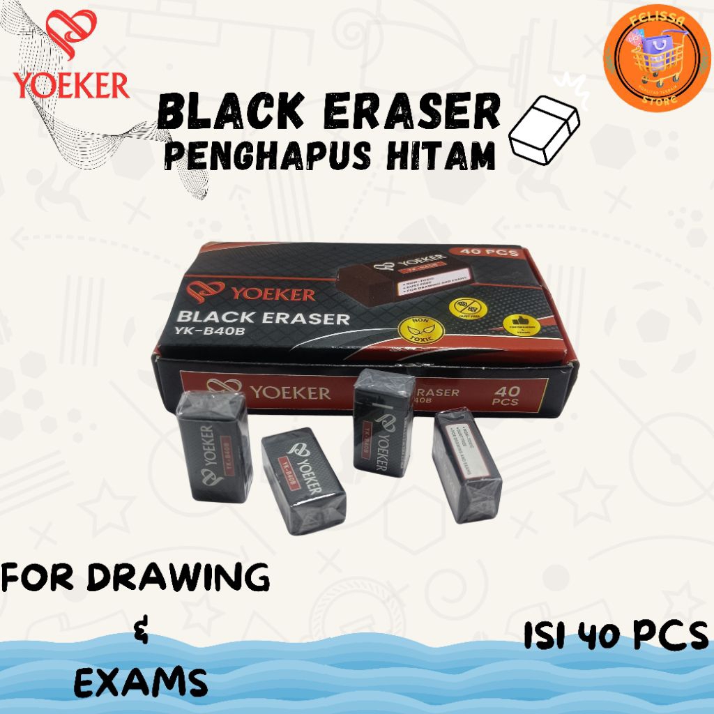 Penghapus Hitam Yoeker Black Eraser YK-B40B Isi 40 Pcs • Non Toxic • Daya Hapus Bersih • Tidak Merus