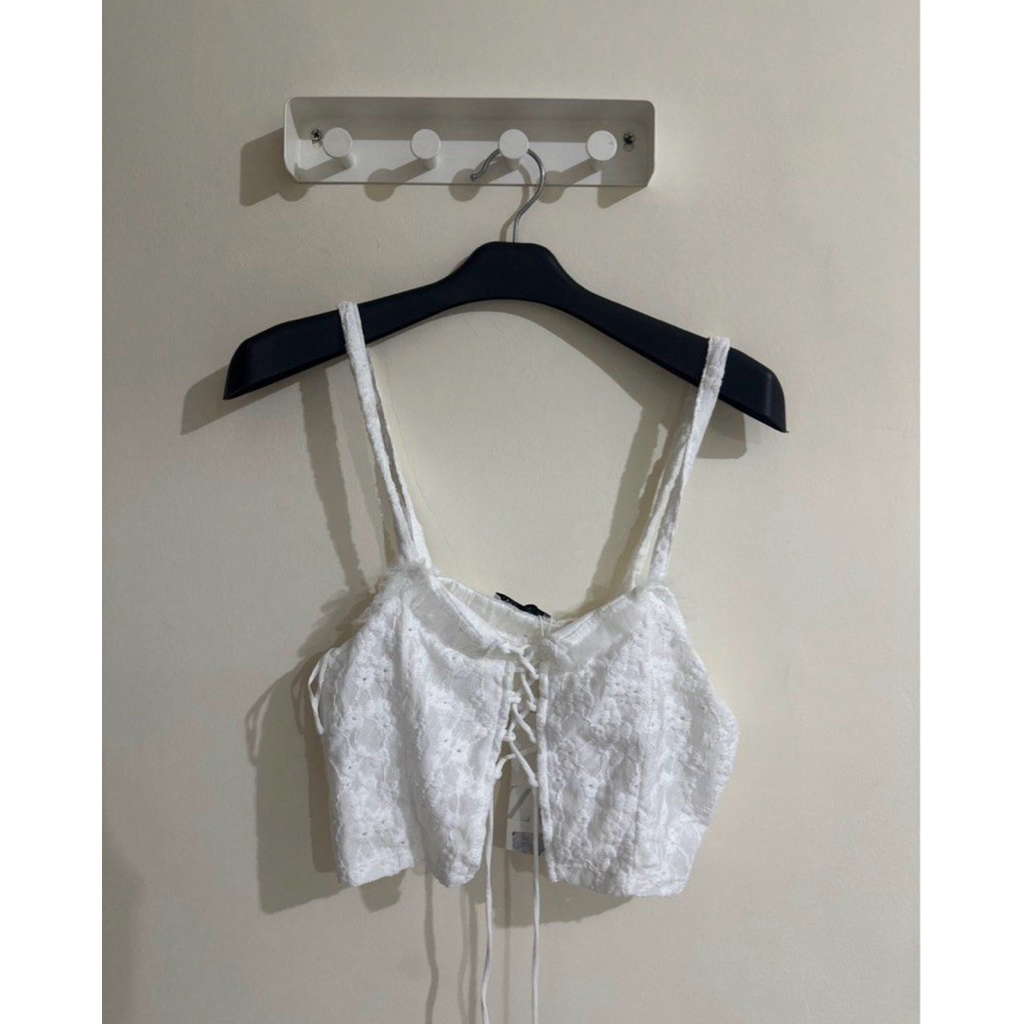 Zara White Tied Cropped Tank Zara Crop Eyelet Tulle Lace Tanktop corset camisole Embroidery cami sum