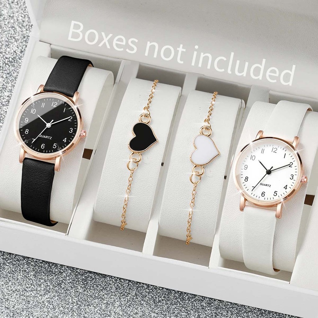 4PCS Jam Tangan Kuarsa Wanita Berlian Modis Dial Bulat Tali Kulit Jam Tangan Gelang Cinta Gratis (Ta
