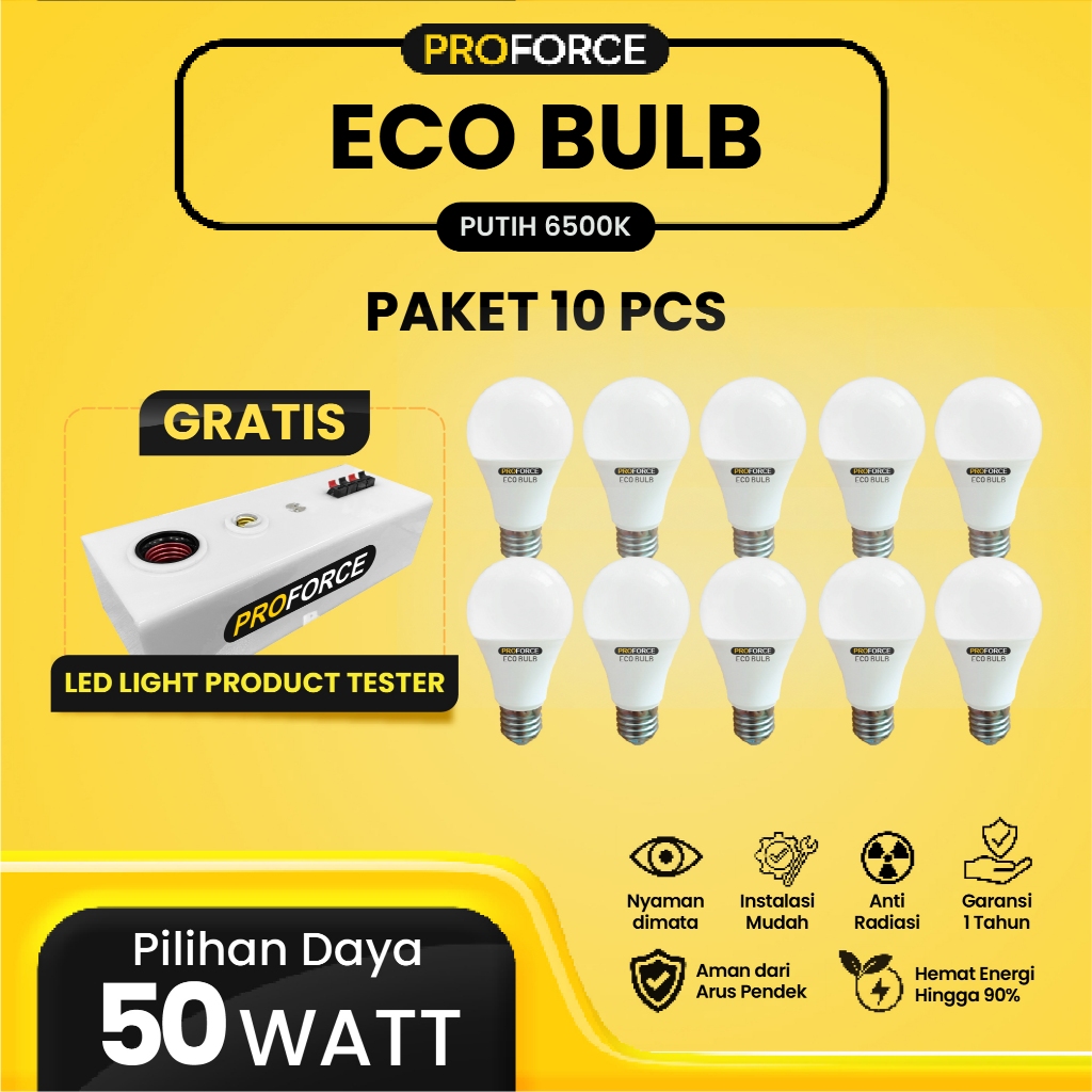 Proforce Indonesia Lampu Bohlam LED Rumah 50 Watt 4500 Lumen Paket 10 Pcs Eco Bulb Harga Grosir Term