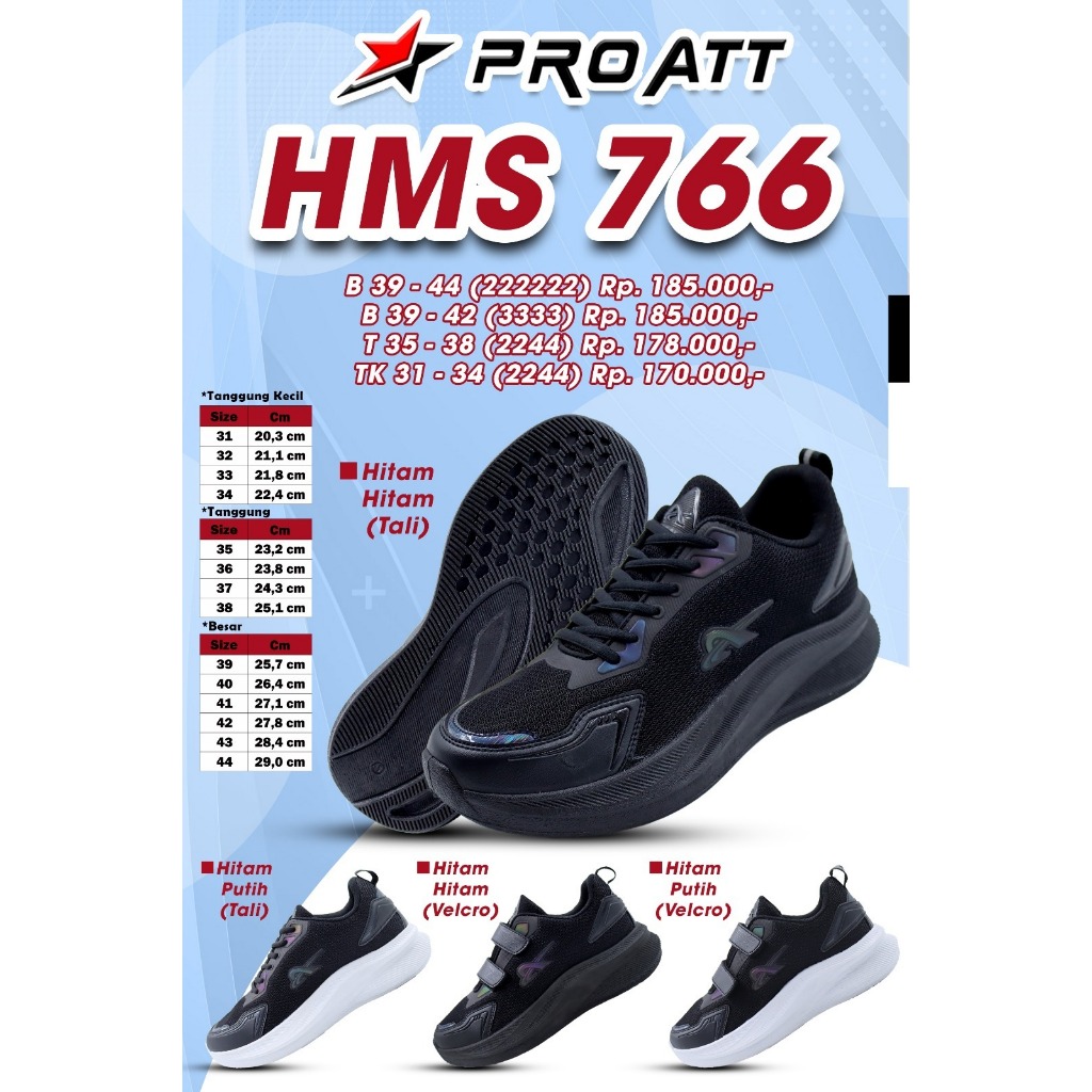 PRO ATT HMS 766V Sepatu sekolah anak pria laki Perempuan PAUD/TK/SD/SMP Hitam Putih Perekat/Velcro A
