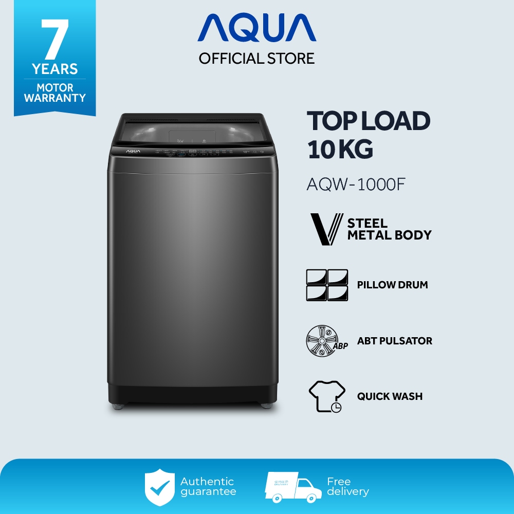 AQUA Elektronik AQW-1000F Mesin Cuci Top Loading 10 Kg - V Steel Metal Body - Pillow Drum - ABT Puls