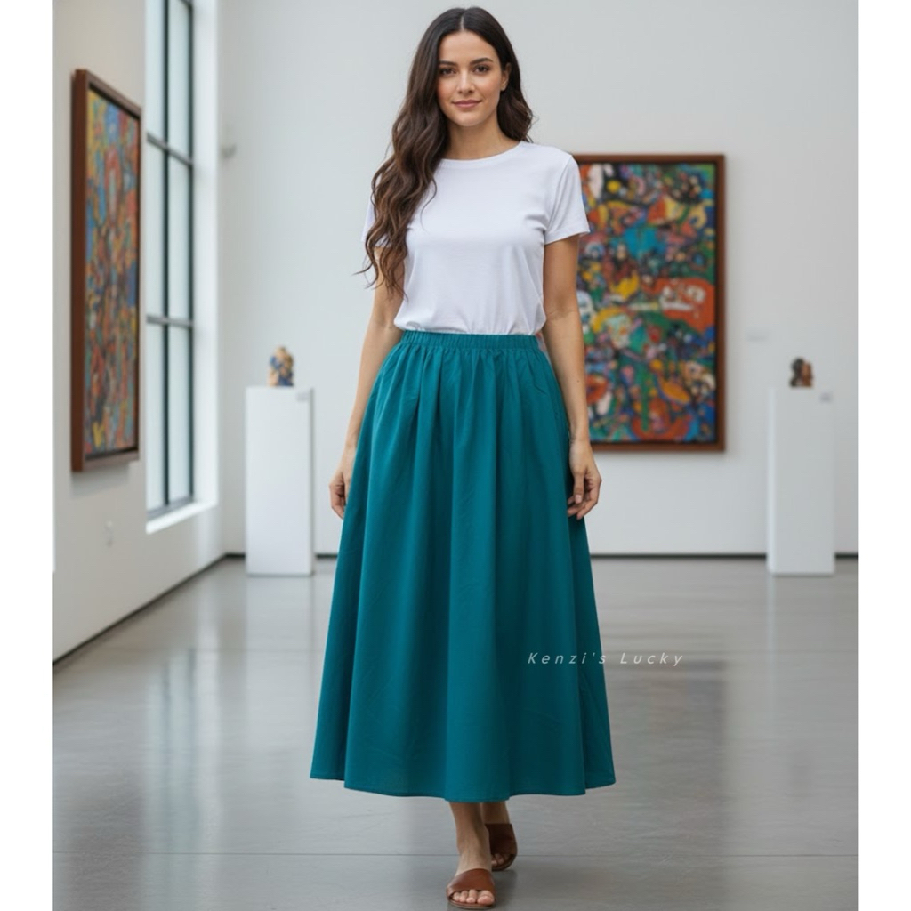 Rok Wanita Panjang Dewasa | Rok Katun Linen Model A-Line  90cm | Skirt Polos Basic Hijab Casual | Ro