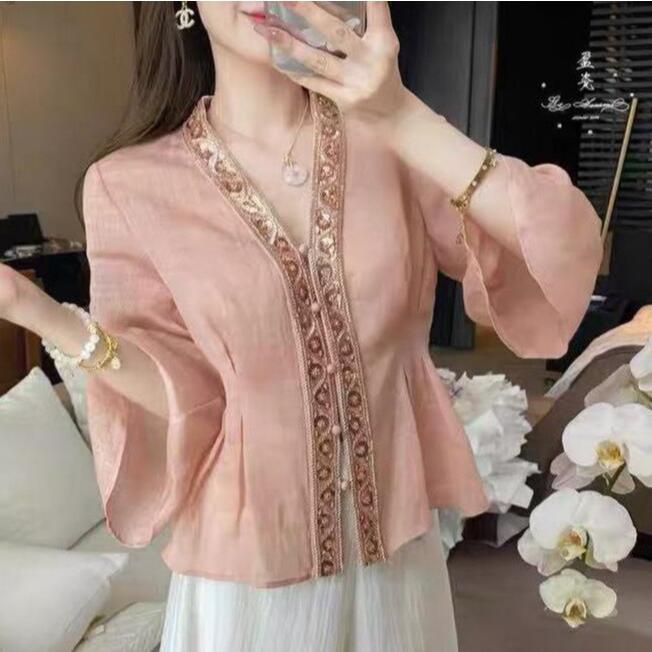Wanita Gaya Korea Wanita Slim Pinggang Sequins Lengan Panjang Kemeja Blouse Baju Wanita Lengan
