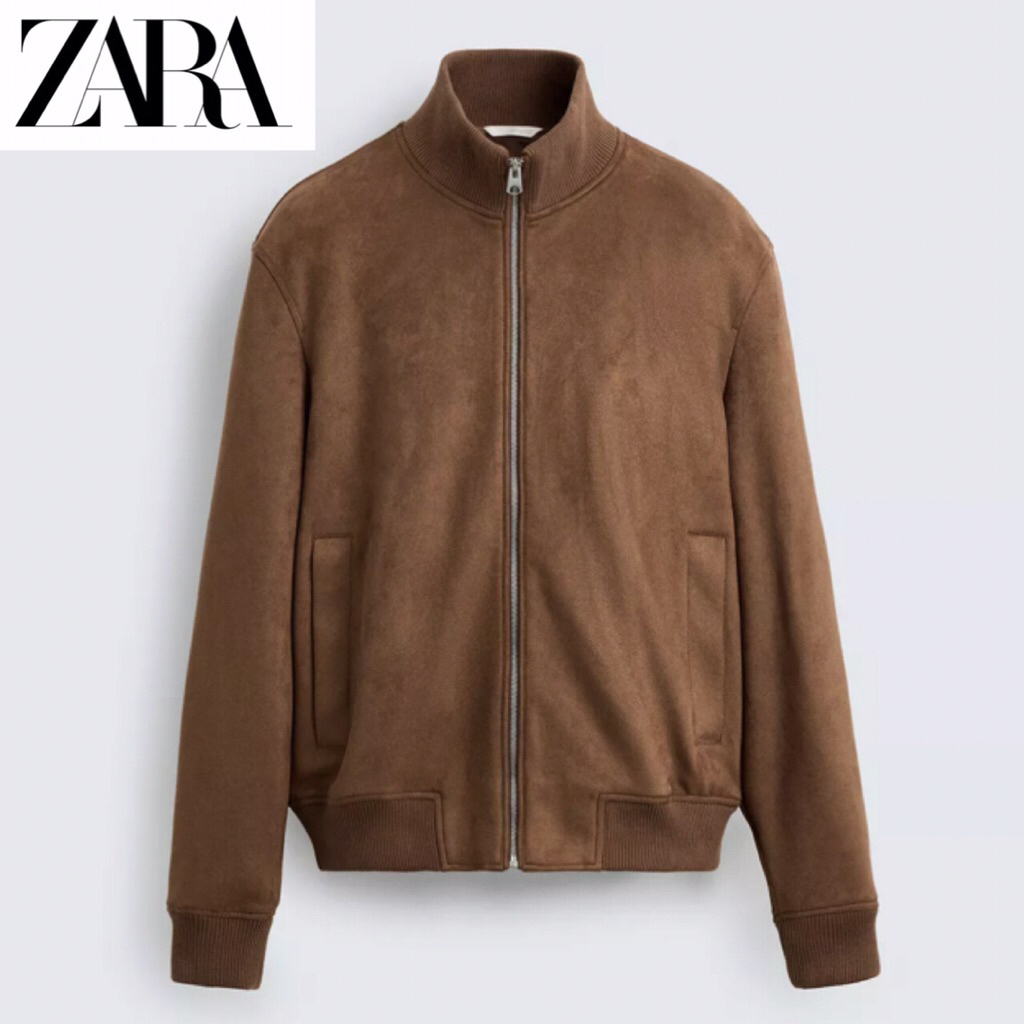 ZARA Men Jacket Faux Suede Regular Fit Jaket Pria High Neck Brandy