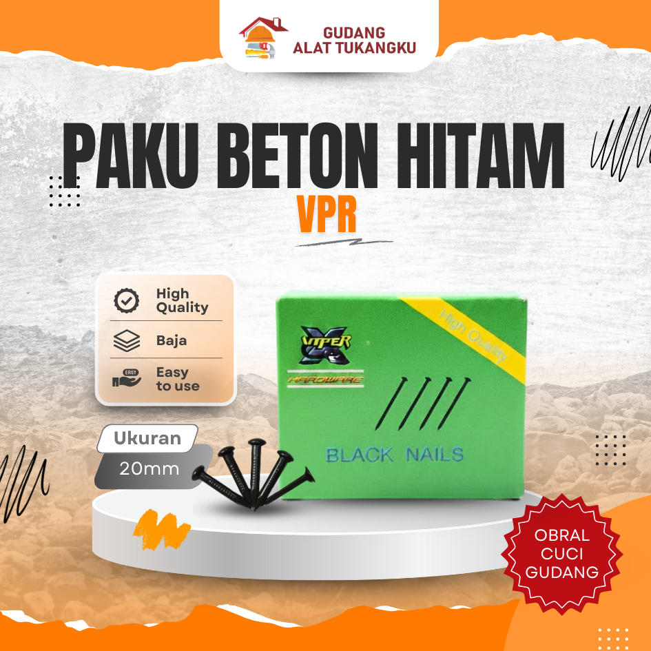 Paku Beton Hitam VPR 20mm (2cm) / Paku Baja Viper Black Concrete Nails / Paku Tembok Anti Bengkok