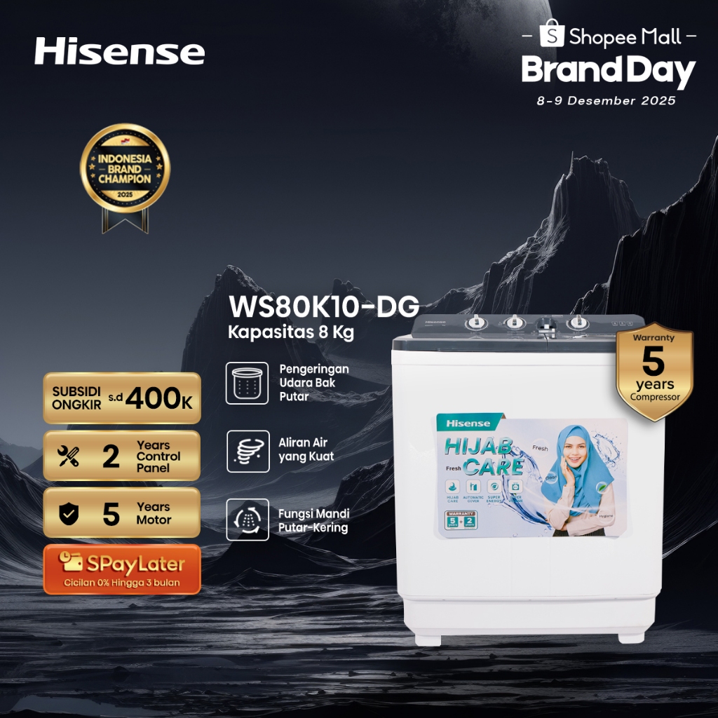 Hisense Mesin Cuci WS80K10 Top Loading Twintube Kapasitas 8KG 2 Tabung Bukaan Atas Warna Abu-abu Gel