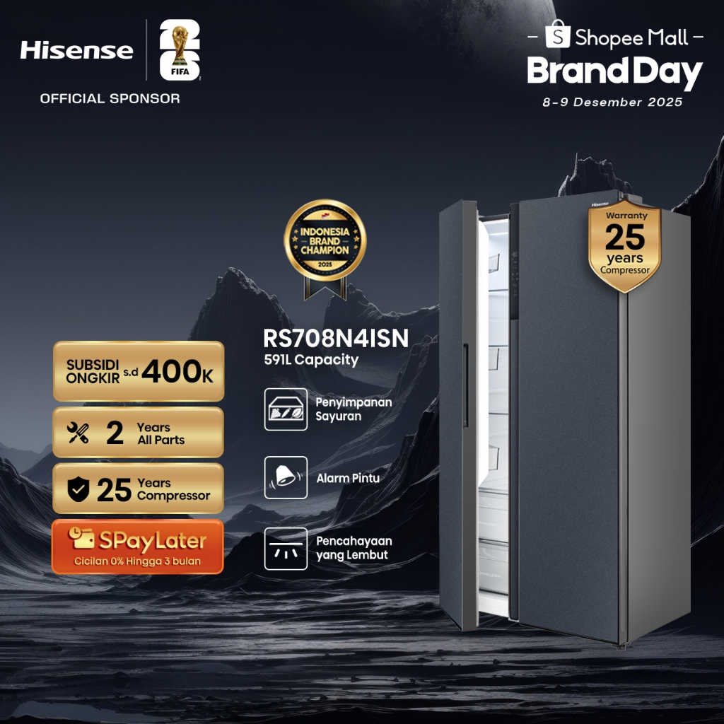 Hisense Kulkas RS708N4ISN Refrigerator Side By Side Kapasitas 591L Warna Silver Inverter Tanpa Bunga