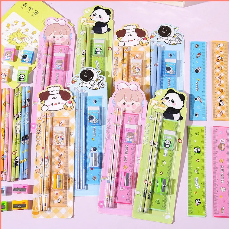 Set 5 in 1 Alat Tulis Anak Sekolah Set Pensil Box import Penghapus penggaris Pensil Serutan Karakter