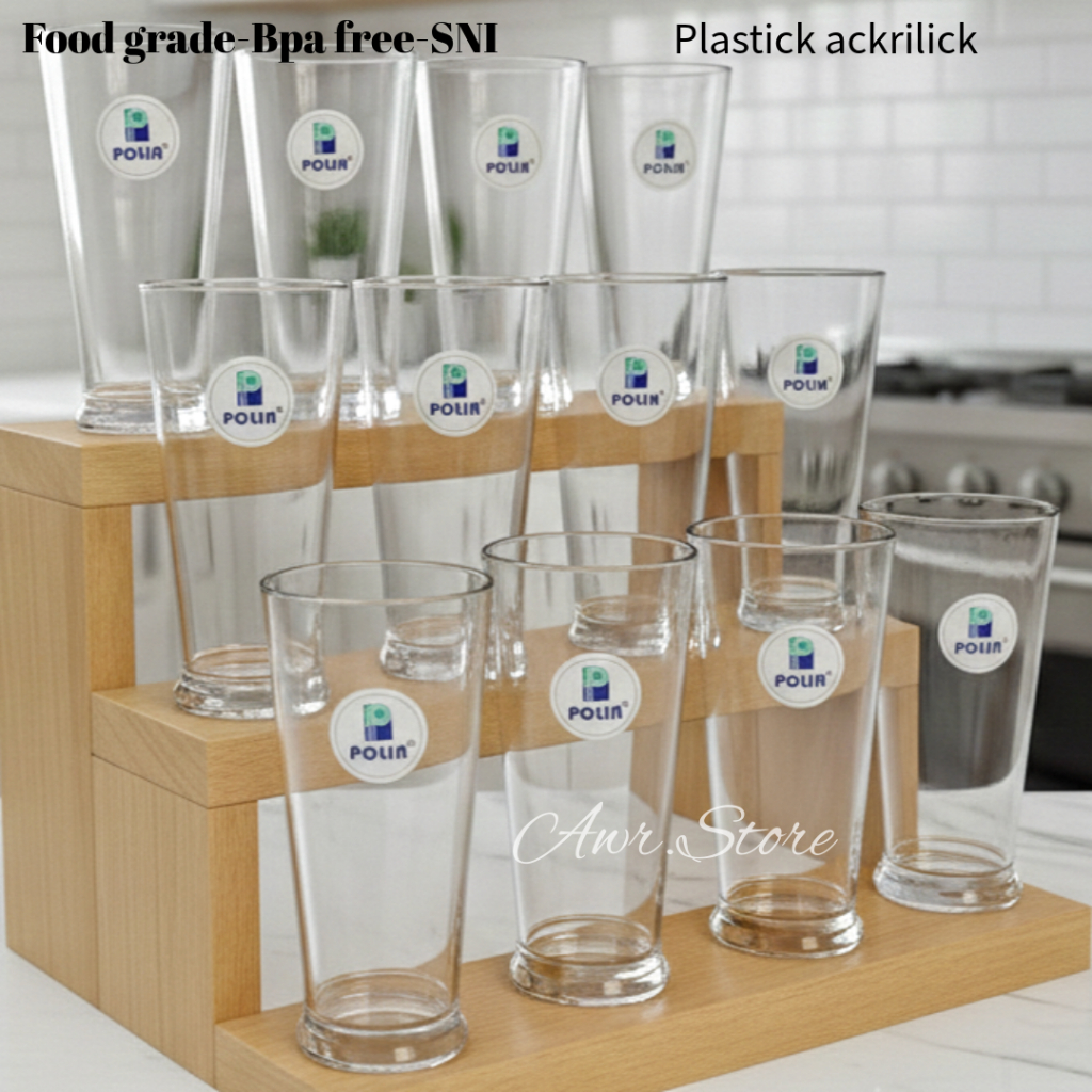 (1 lusin) - Gelas Jus Plastik Bening 400 ml POLIN - Gelas Mika Bening - Gelas Jus Milkshake ala Cafe