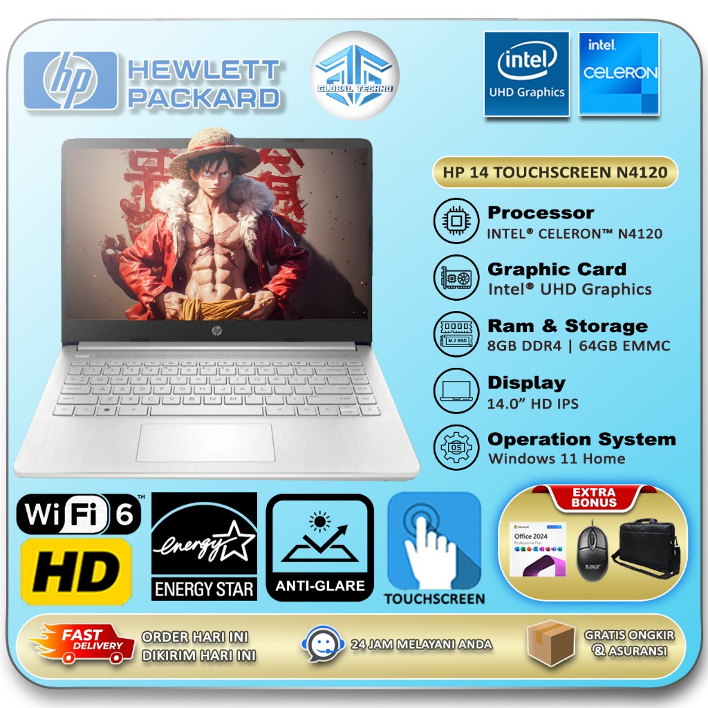 Laptop Touchscreen HP 14 Intel N4120 8GB Ram 64GB Emmc 14.0 Inch HD Windows 11 Home + Office 2024