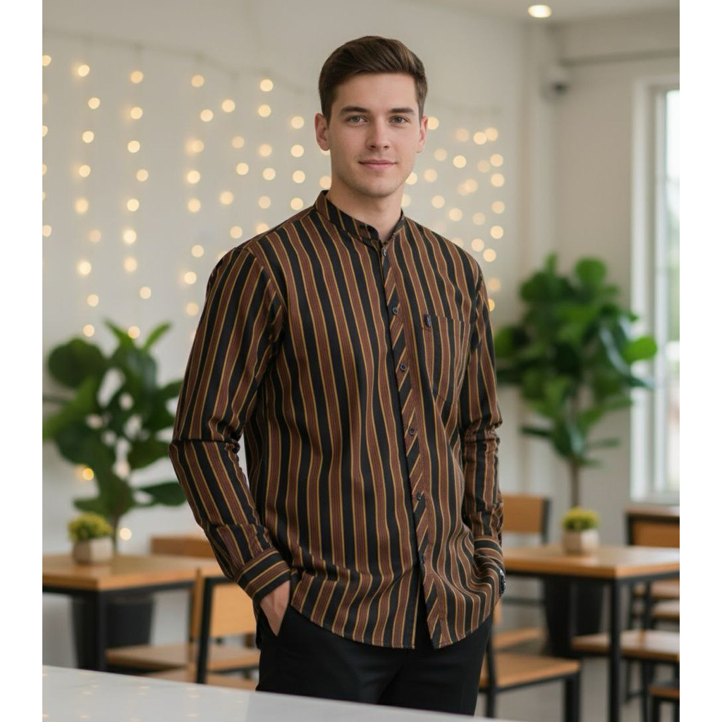Baju Koko Pria Lengan Panjang Kemko Lurik Surjan Kerah Sanghai Full Kancing Bahan Katun Premium
