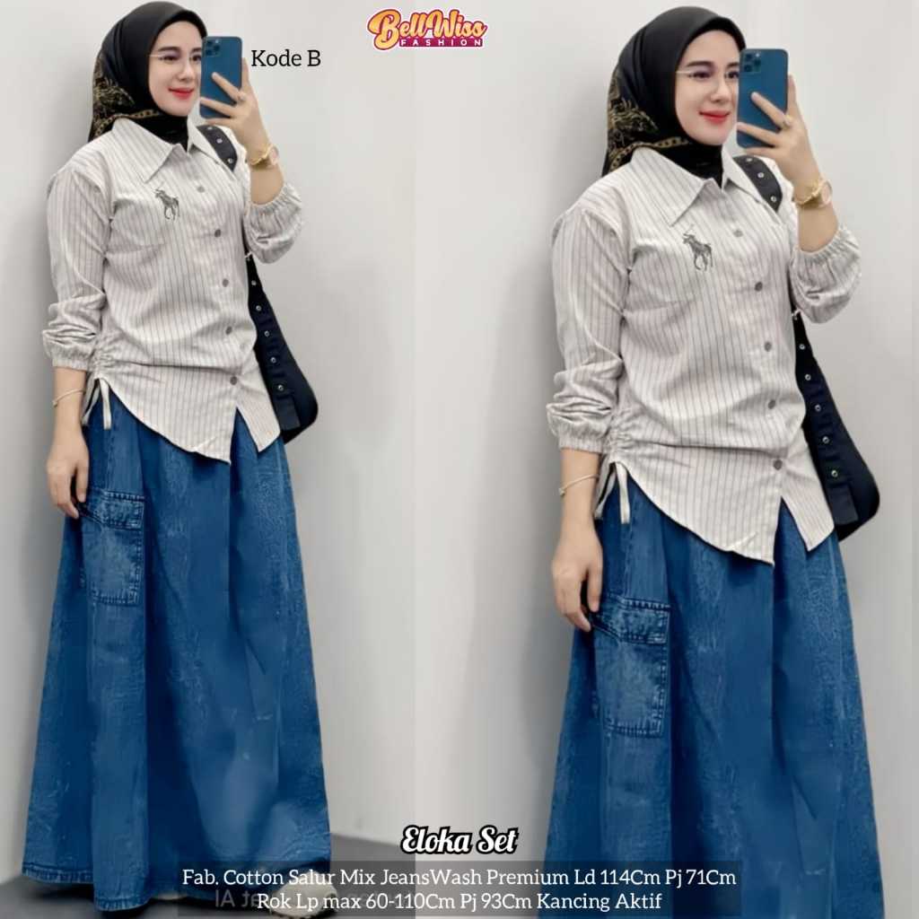 ELOKA SET WANITA KATUN SALUR MIX JEANS MOTIF TERBARU PAKAIAN WANITA SETELAN ROK PANJANG KEKINIAN