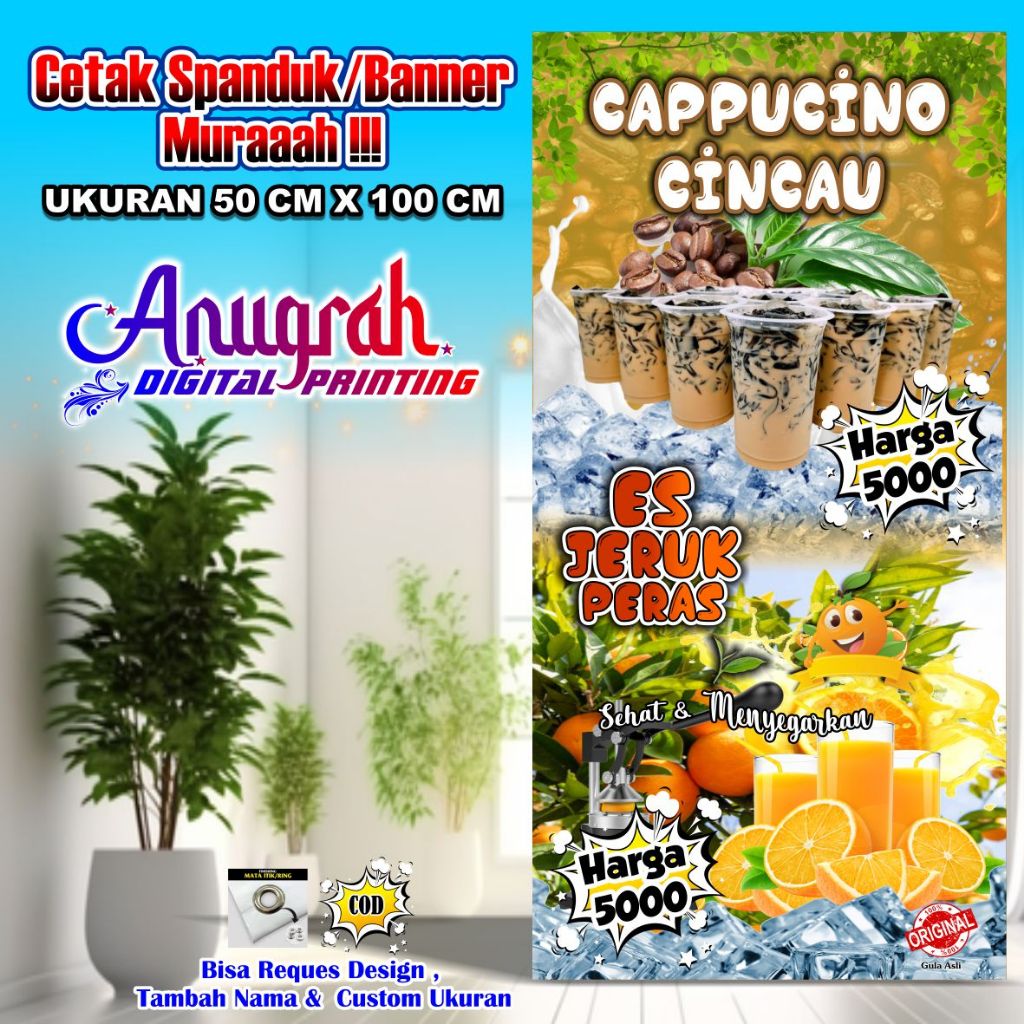 Spanduk Banner Cappucino Cincau & Es Jeruk Peras Ukuran 50 cm x 100 cm