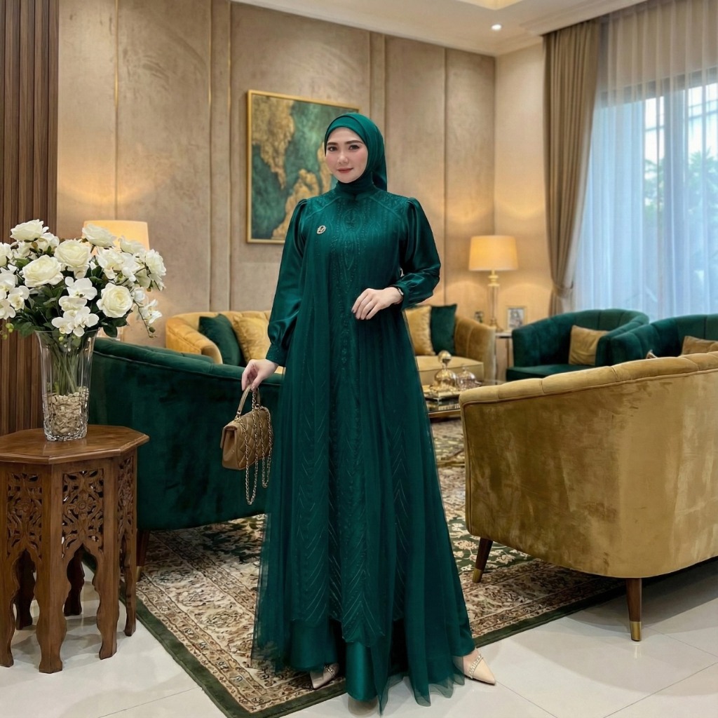 Leya Dress Emerald Green Brukat Mewah | Gamis Pesta Muslimah Velvet Mix Tille Premium