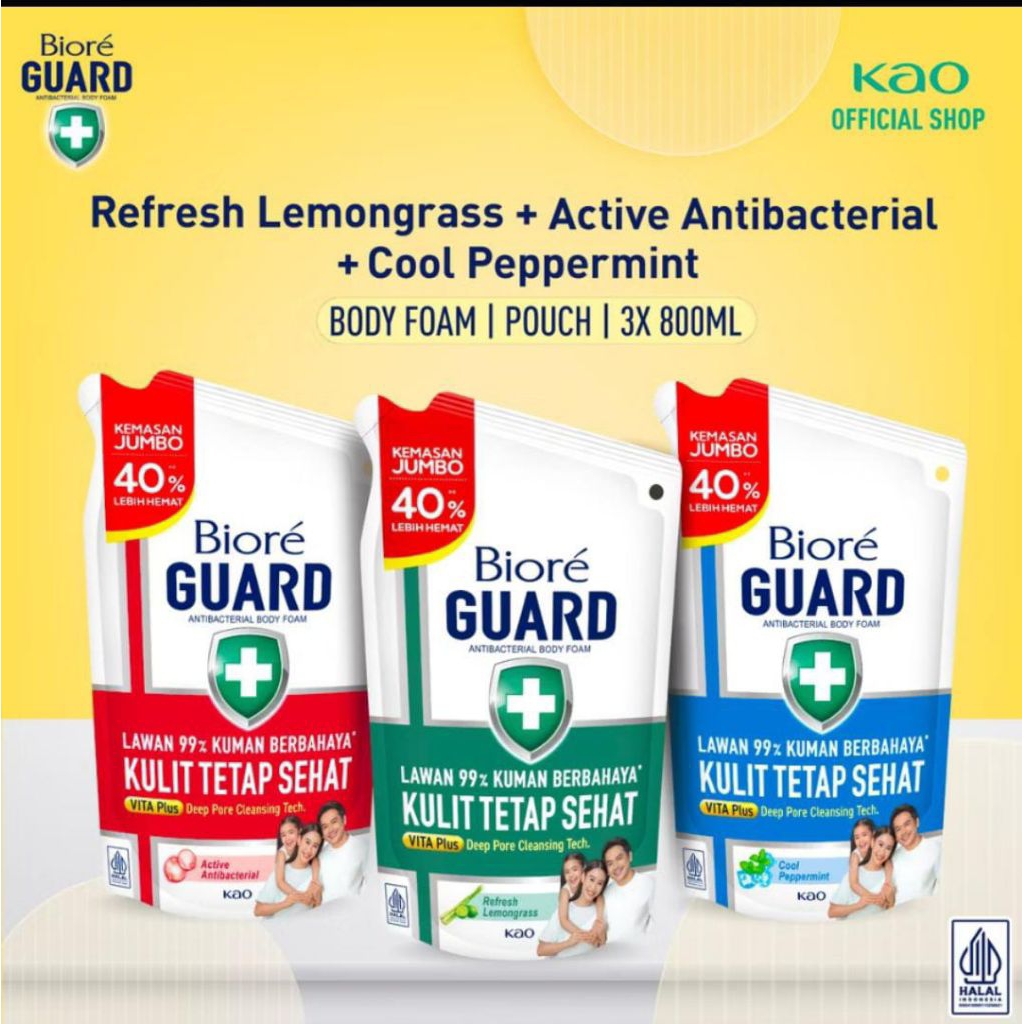 Biore Guard Sabun Mandi Cair Body Foam Hijau Refreshed Lemongrass , Merah Active AntiBacterial , Bir