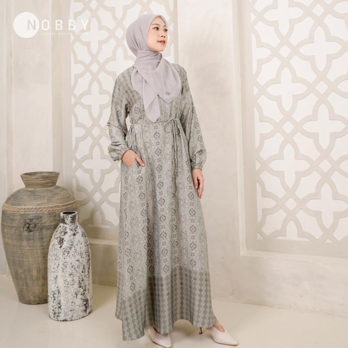 Nobby Nandini Dress Gamis Muslim Wanita Bahan Satin Silk Motif Print Busui Friendly