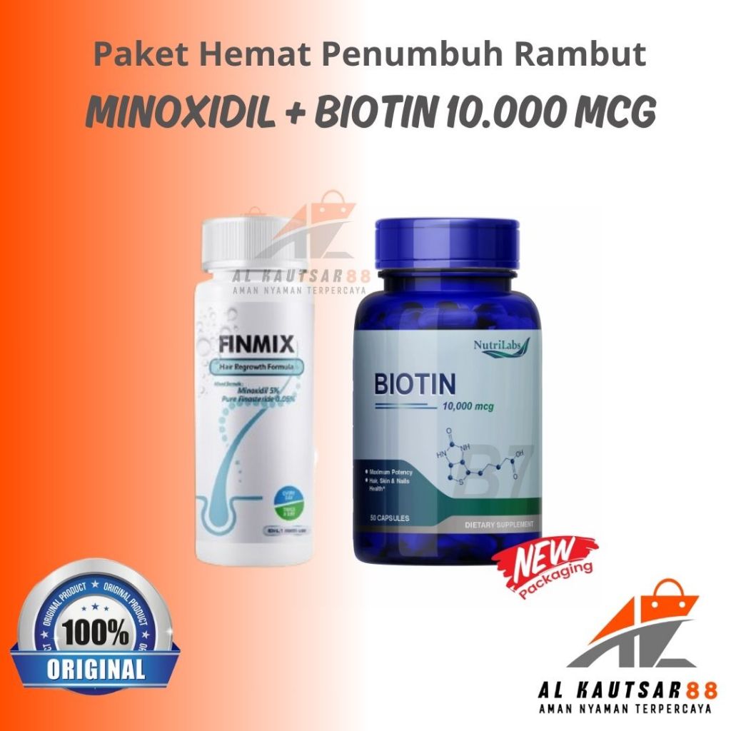 Paket hemat Minoxidil + Biotin 10.000mcg & 7.500 mcg herbal halal penumbuh rambut dan brewok