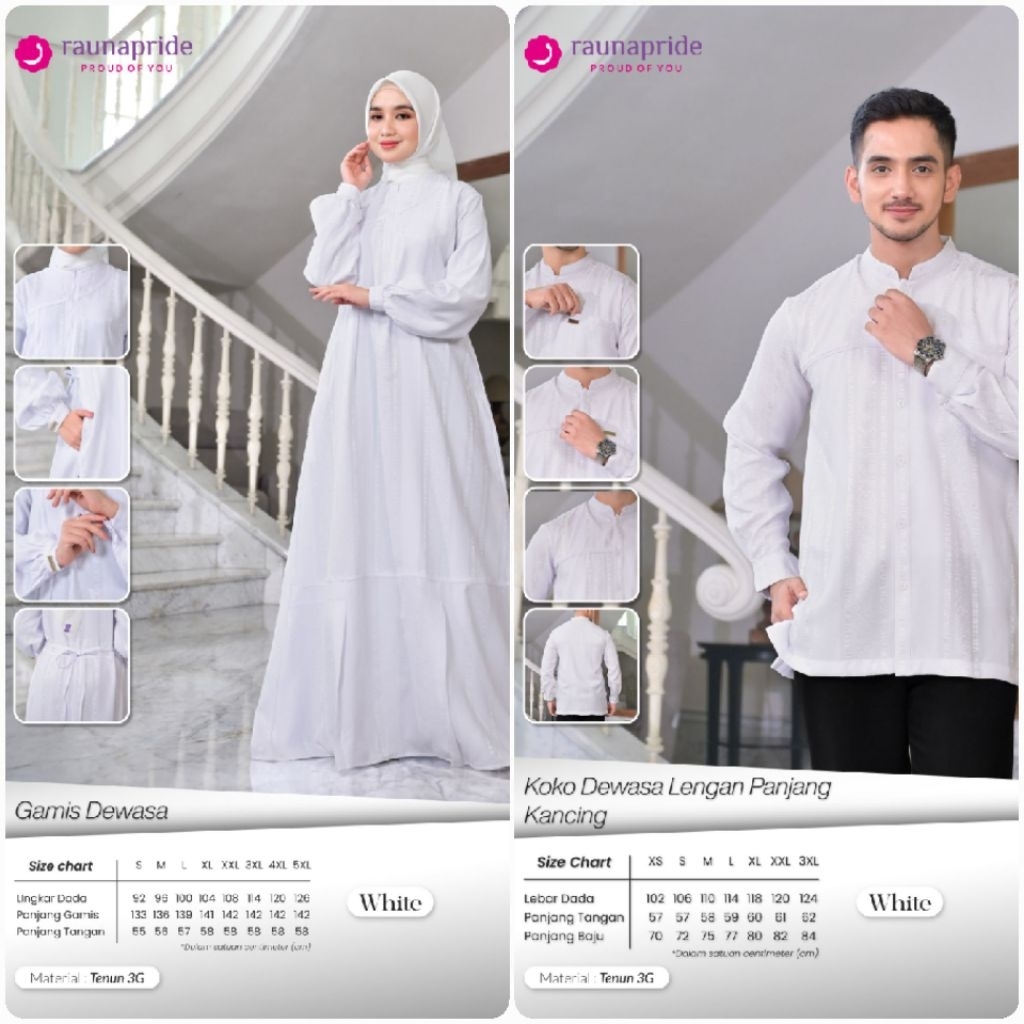 Sarimbit Rauna 2026 Couple Pasangan Betari White Baju Lebaran Gamis Dewasa Koko Dewasa Lengan Panjan