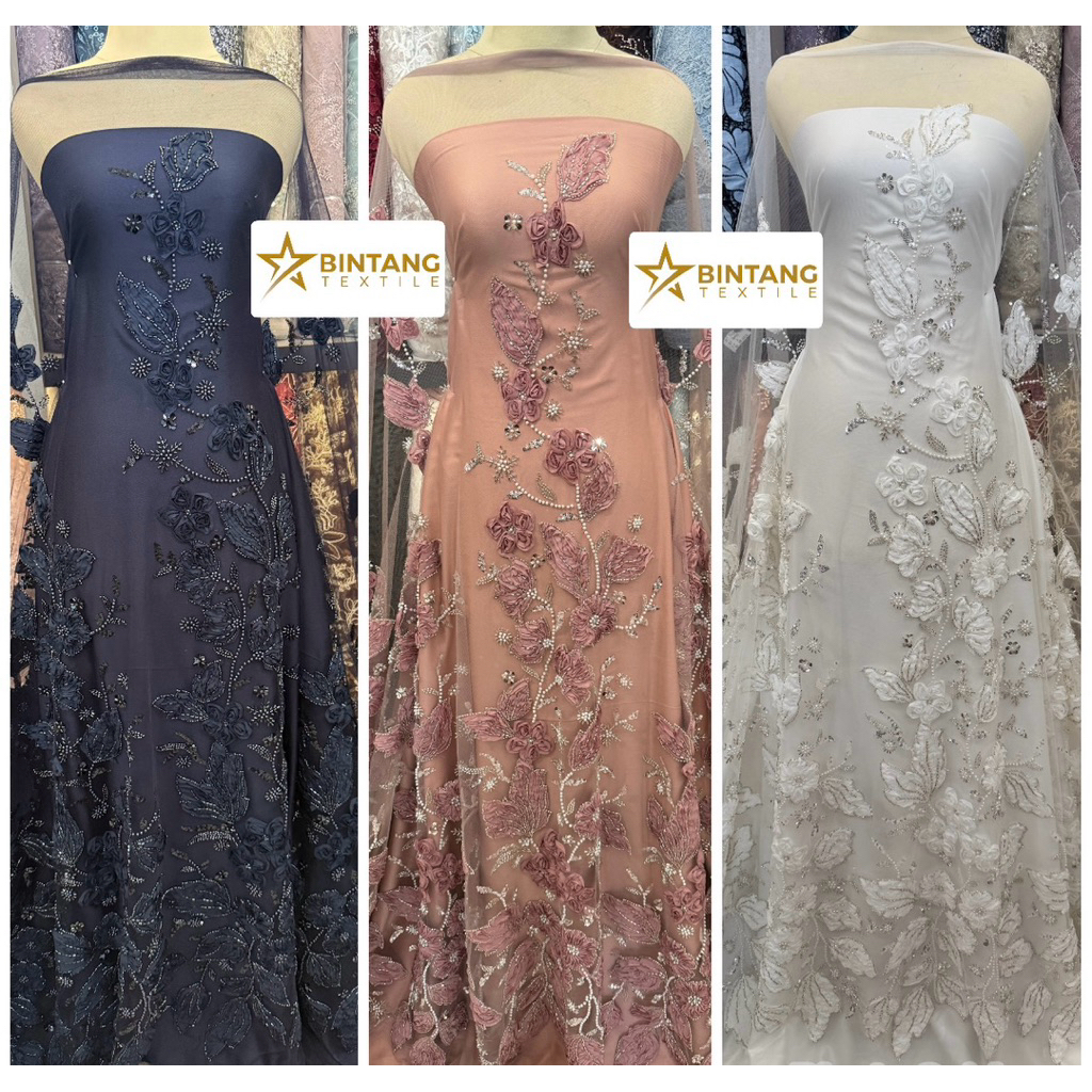 Kain tile brokat 3D payet Mercia premium / bahan gamis kebaya tunik atasan