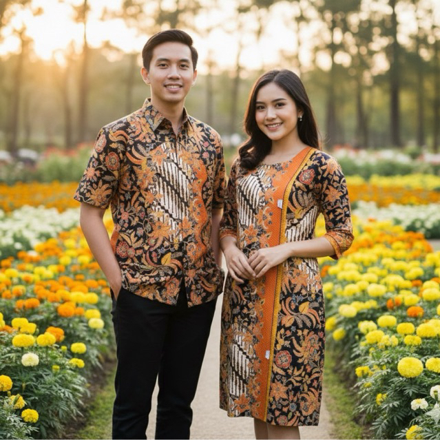 Kain Dobby - Sarimbit Batik Premium Couple Swarna Giri Orange | Hem Pria & Dress Wanita Elegan | Oma