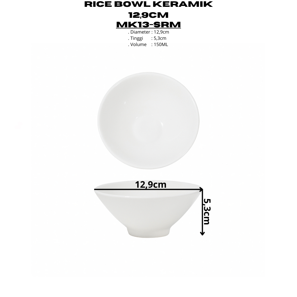 Rice Bowl Keramik 12,9CM (1PCS) Putih Polos By Indo Keramik Ramen Bowl Mangkok Ramen Mangkok Resto M