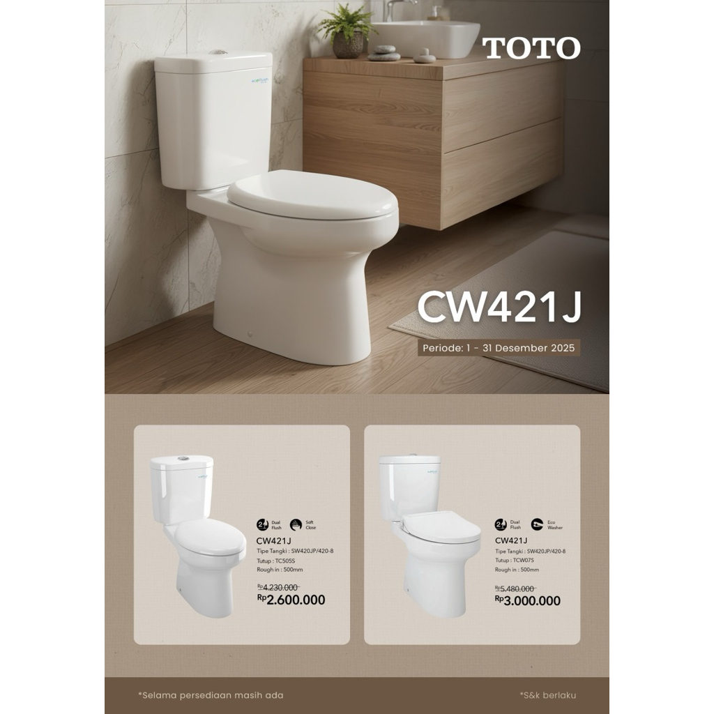 TOTO CLOSET DUDUK CW421J / CW 421 J / SW420JP / SW 420 JP + TUTUP ECOWASSER TCW07S