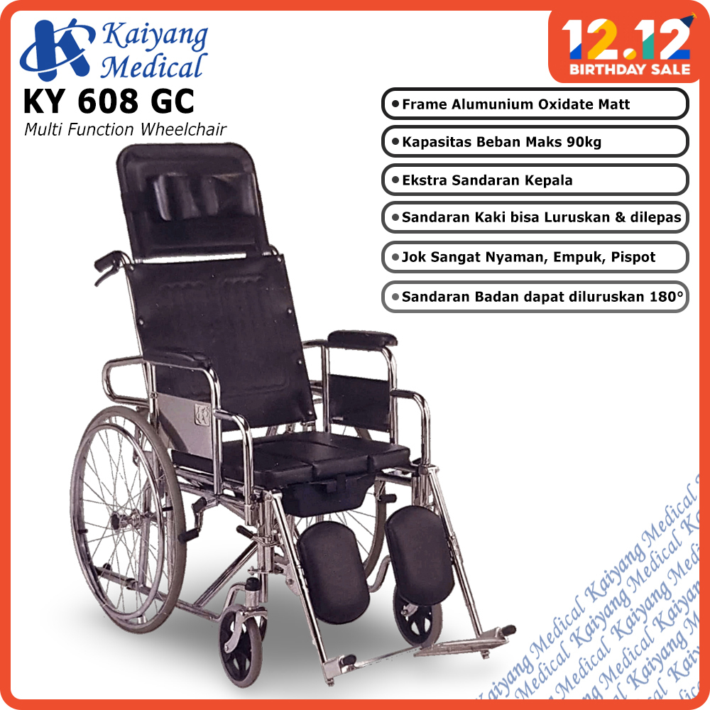 Kursi Roda 3 in 1 Kaiyang KY608GC Bisa Rebahan Tempat Tidur dan BAB WC Pasien Stroke Lansia