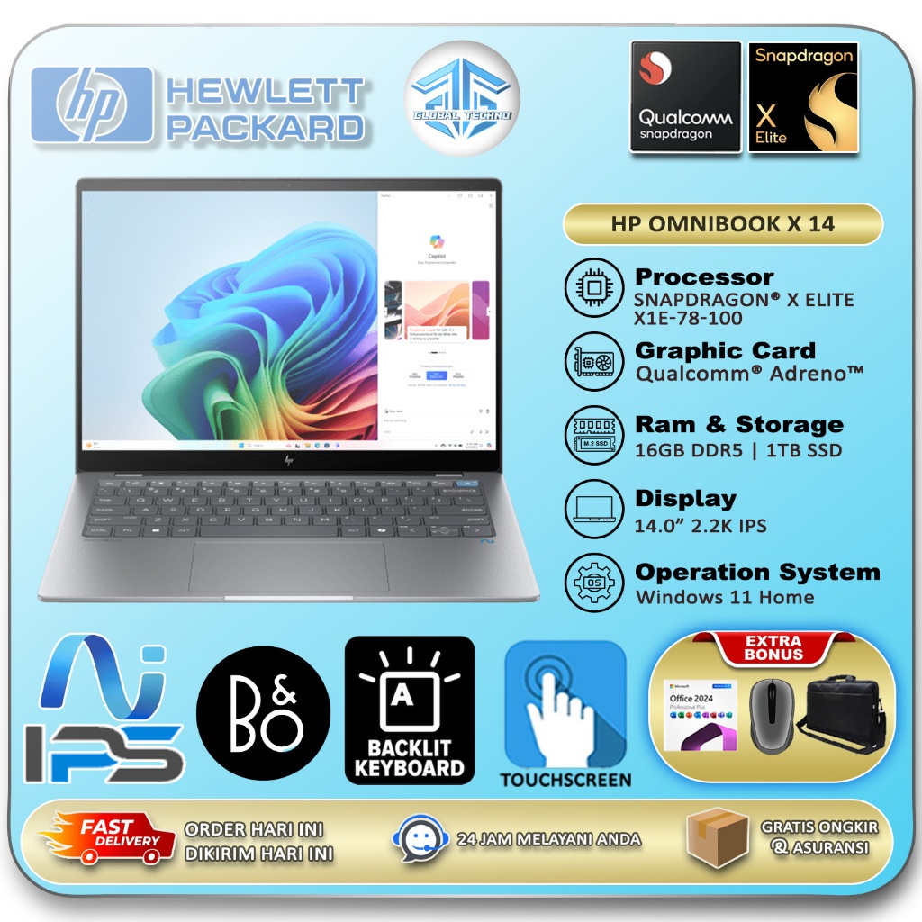 Laptop Touchscreen Hp Omnibook X 14 Snapdragon X Elite X1E78100 16GB DDR5 2TB SSD 2,2K Windows 11