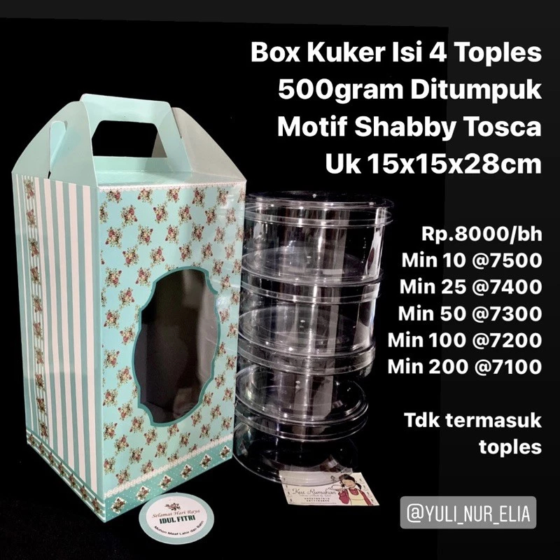 Box Kuker Isi 4 Toples 500gram Ditumpuk Motif Shabby Tosca Uk 15x15x28cm