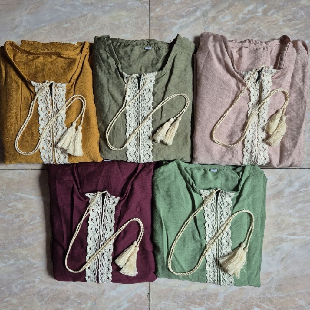 Hadeej Home Dress Abaya Warna Polos Bahan POLO LINEN Renda Saudia Tassel | Gamis /Abaya Gamis Daster