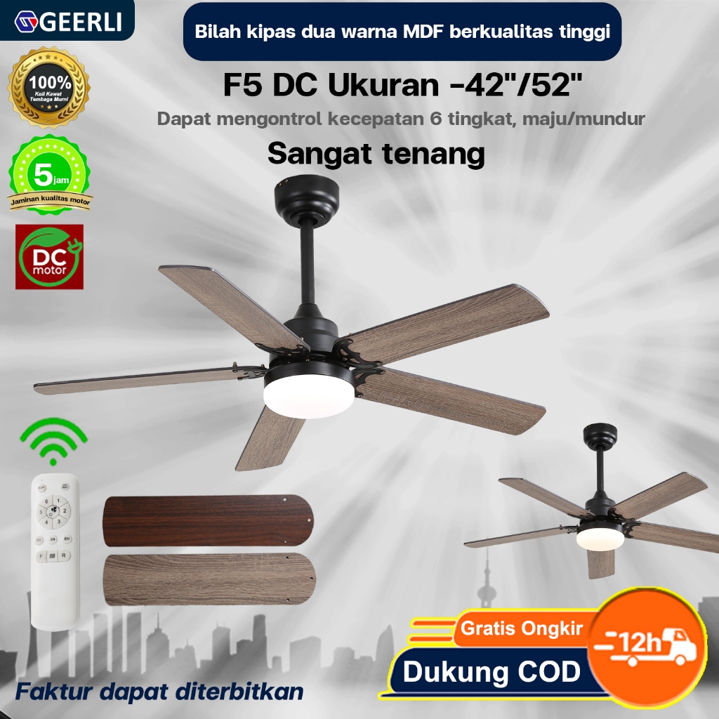 Geerli Garansi 5 tahun Kipas angin gantung dengan lampu 42/52 inci, 3 warna lampu, kecepatan 6 tingk