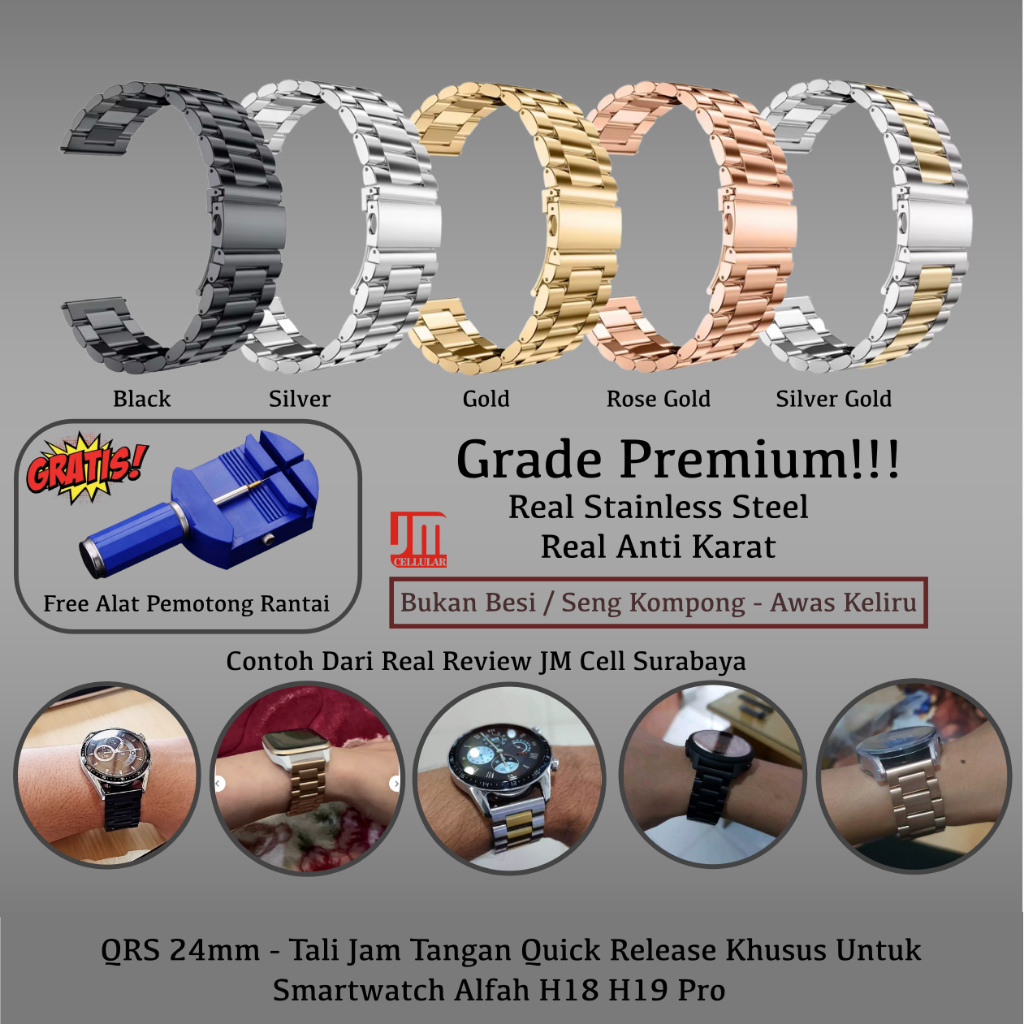 QRS 24mm Strap Smartwatch Alfah H18 H19 Pro - Tali Jam Tangan Stainless Steel Metal