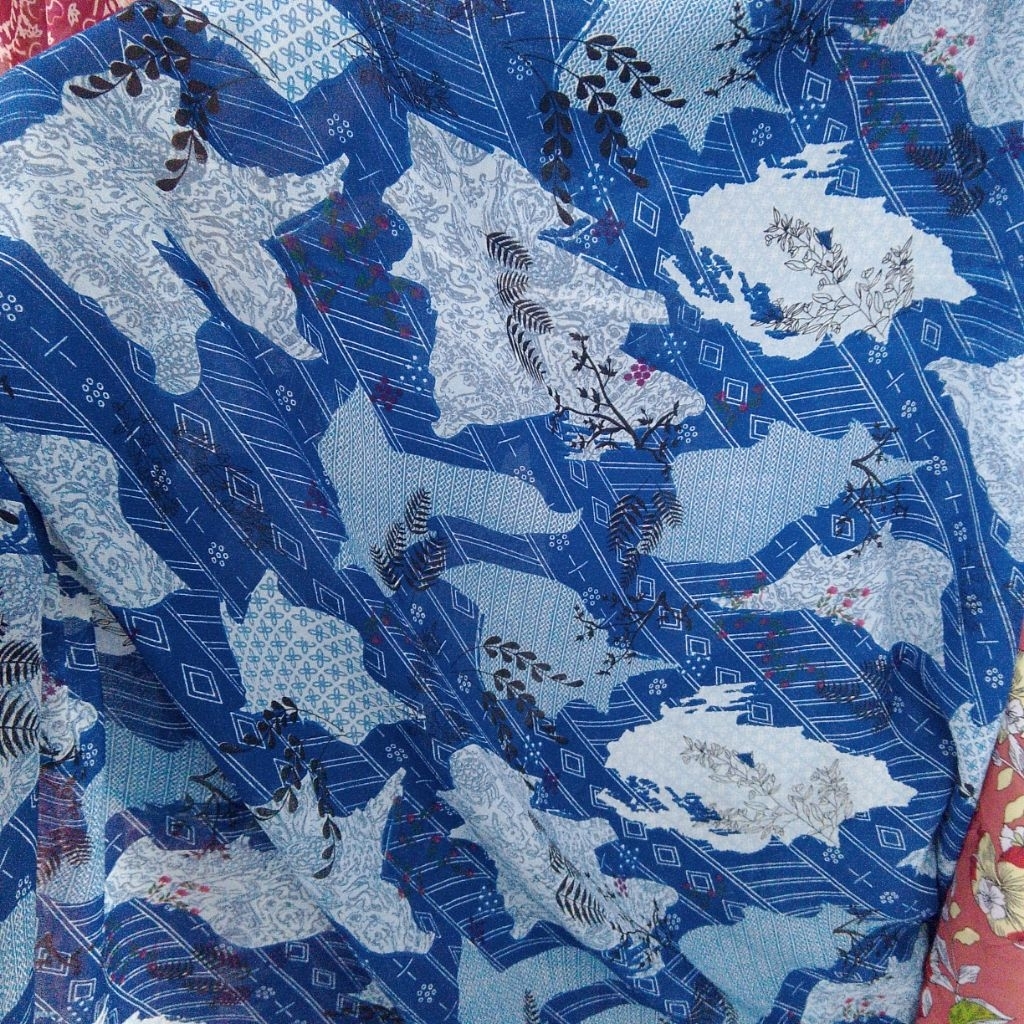 Kain Ceruty Sifon Motif Abstrak Floral Biru Meteran | Bahan Dress Outer Blouse Jumbo Premium Aj