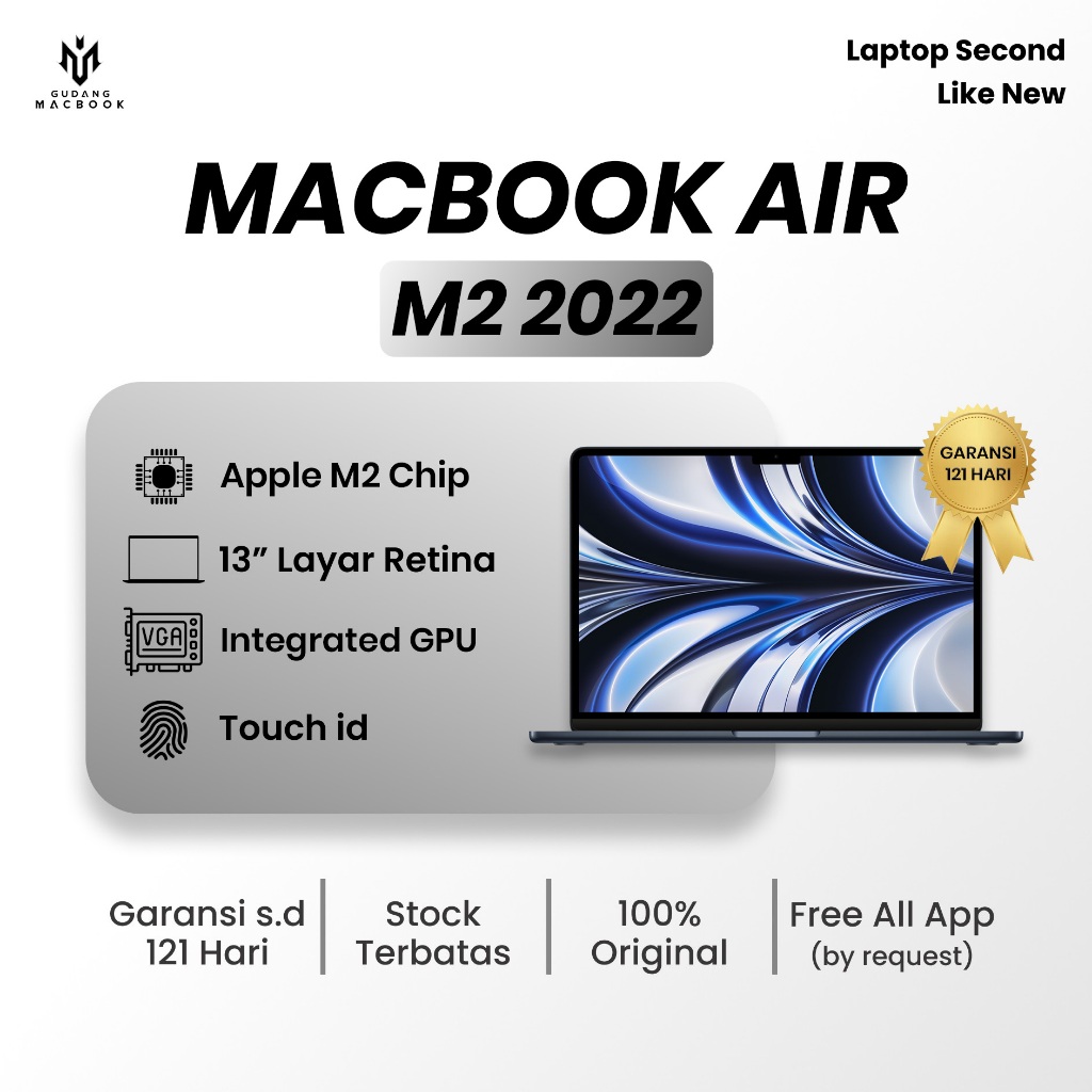 Macbook Air M2 2022 Ram 8GB SSD 256GB 512GB 13inch Original Bergaransi Like New