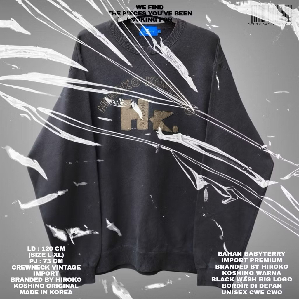 HIROKO KOSHINO SWEATER CREWNECK OVERSIZE UNISEX KOREAN LOOK/SWEATER DARK GREY BORDIR KOREAN STYLE/OV