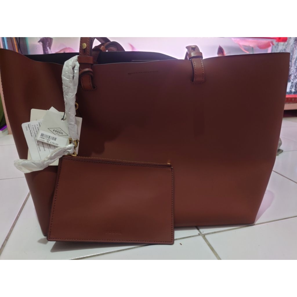 tas f ossil Rachel Tote Brown kulit asli