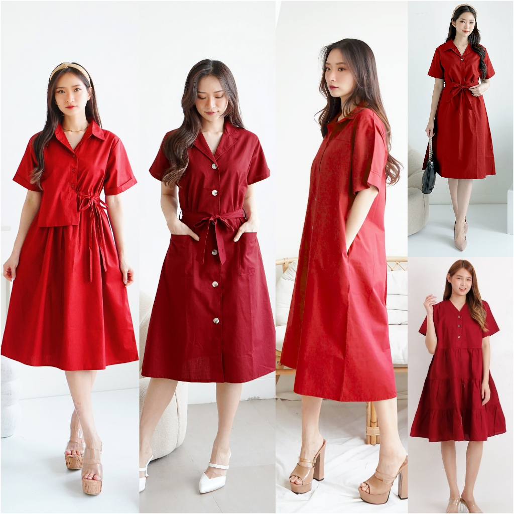 Red Dress Basic Wanita Merah Maroon Polos Katun Tebal Formal Casual Adem Gaun Terusan Remaja Korean
